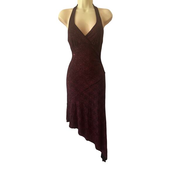 Vintage Hourglass Red& Black Sparkle Knit Asymmetrical Bodycon Halter Dress - Picture 1 of 10